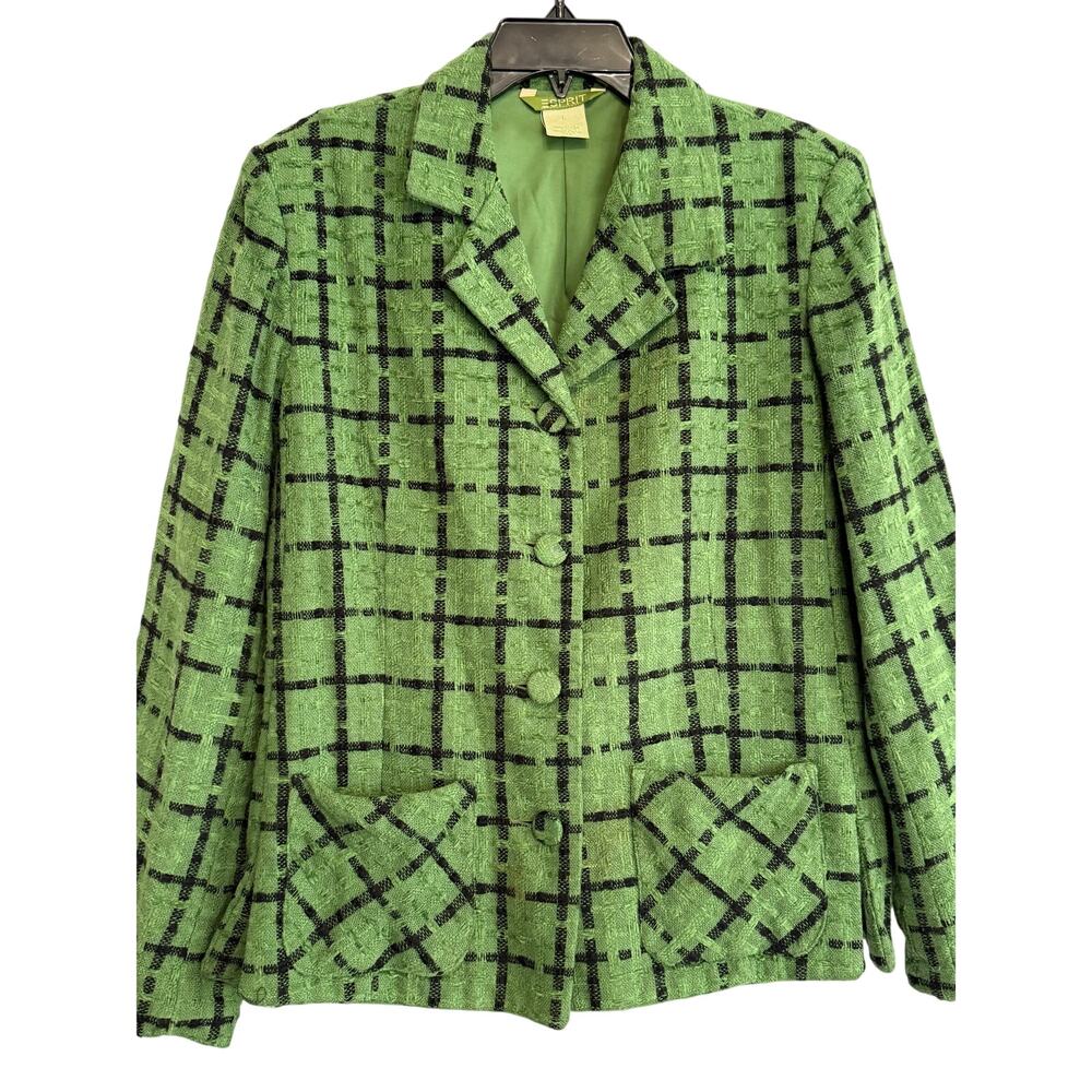 Vintage 1990s Espirit Green and Black Plaid Woven Jacket
